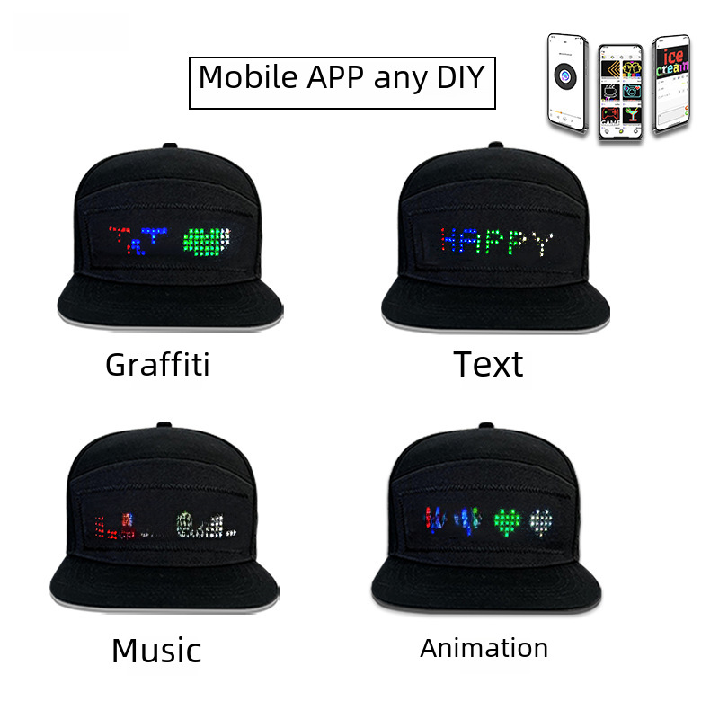 Led Luminous Hat Mobile Phone Editing English Led Advertising Scrolling Monochrome Pure Cotton Led High-Brightness Scrolling Screen
