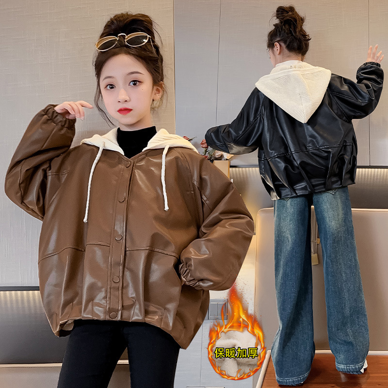 Girls' Leather Tops Spring and Autumn 2025 New Style Autumn Clothes Children's Clothes Internet Celebrity Fashionable Tops Girls' Tops
