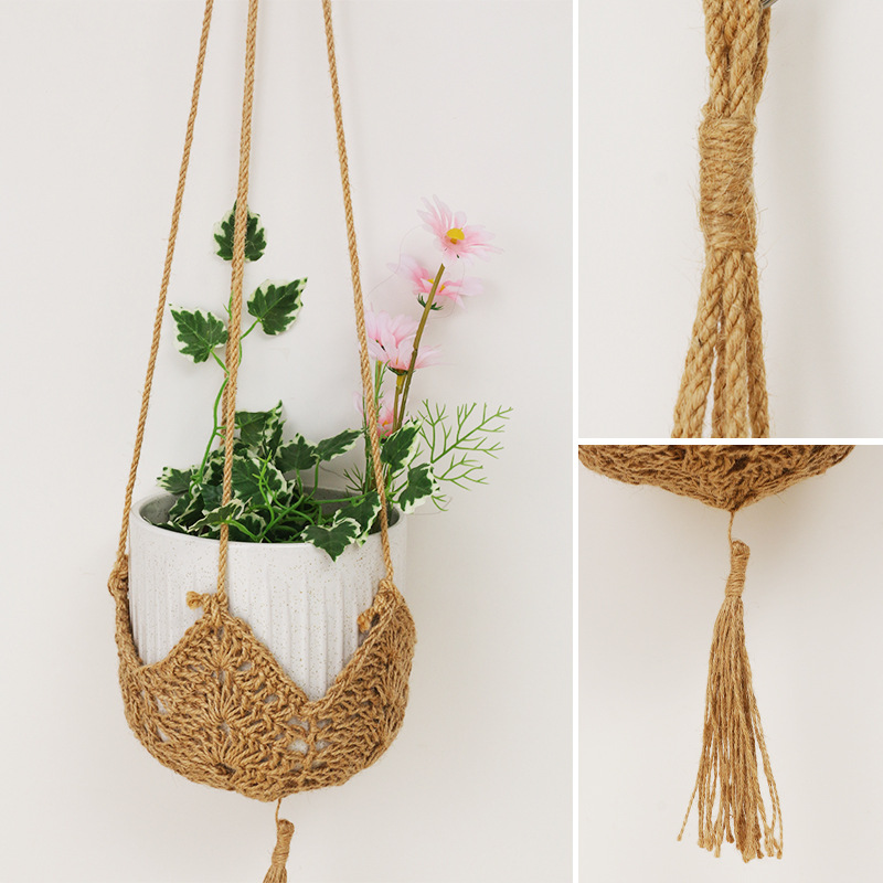 New Hand-Woven Hemp Rope Flower Pot Net Pocket Creative Woven Flower Pot Hanging Basket Indoor and Outdoor Hanging Decorative Flower Pot Pocket