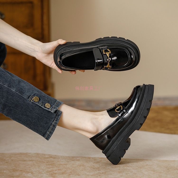 Real Soft Leather Thick Heel Loafers for Women 2025 New Versatile Thick Sole Jk Flats High Heels British Style Small Leather Shoes for Women
