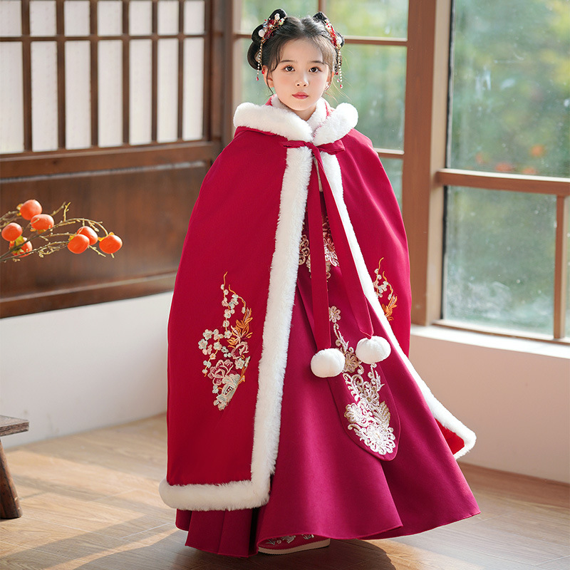Girls' Hanfu Chinese Style Children's Ancient Costsize Winter fleece-lined Tang Suit Ancient Style dress New New Year's Service for Little Girls