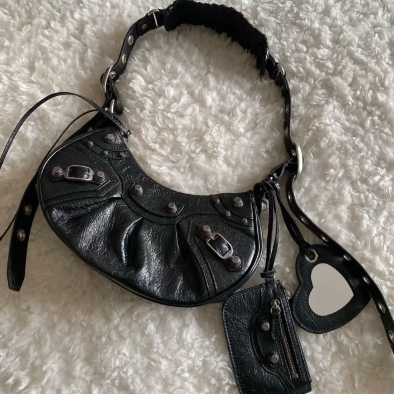 25 New B Motorcycle Bag Armpit Bag Rivet Tassel Three-In-One Crescent Pleated Cowhide Shoulder Crossbody Women's Bag