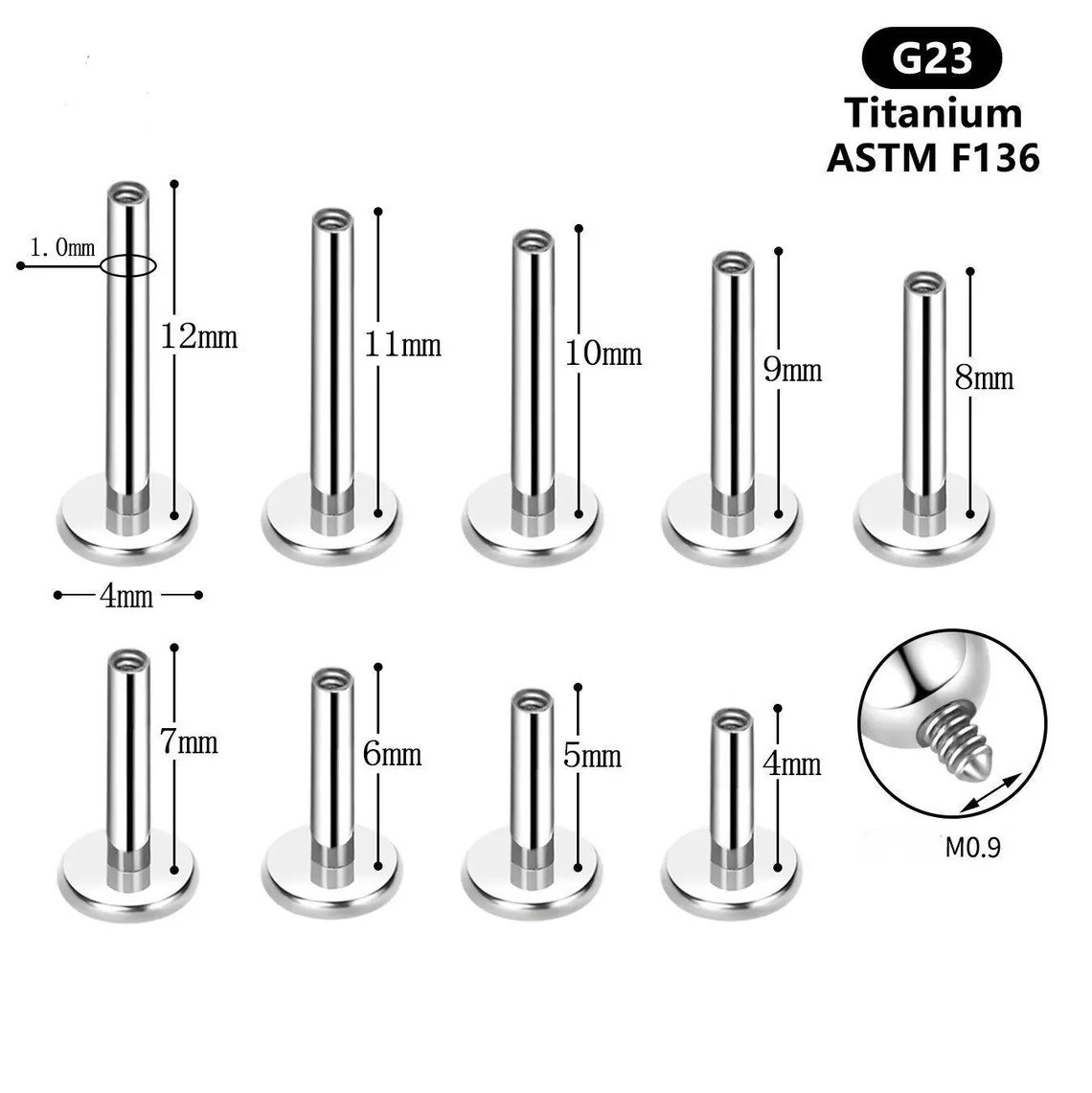 F136 Titanium Alloy G23 Titanium Alloy Lip Stud Earring Base Replacement Bar Internal Thread Pin Model Multiple Specifications