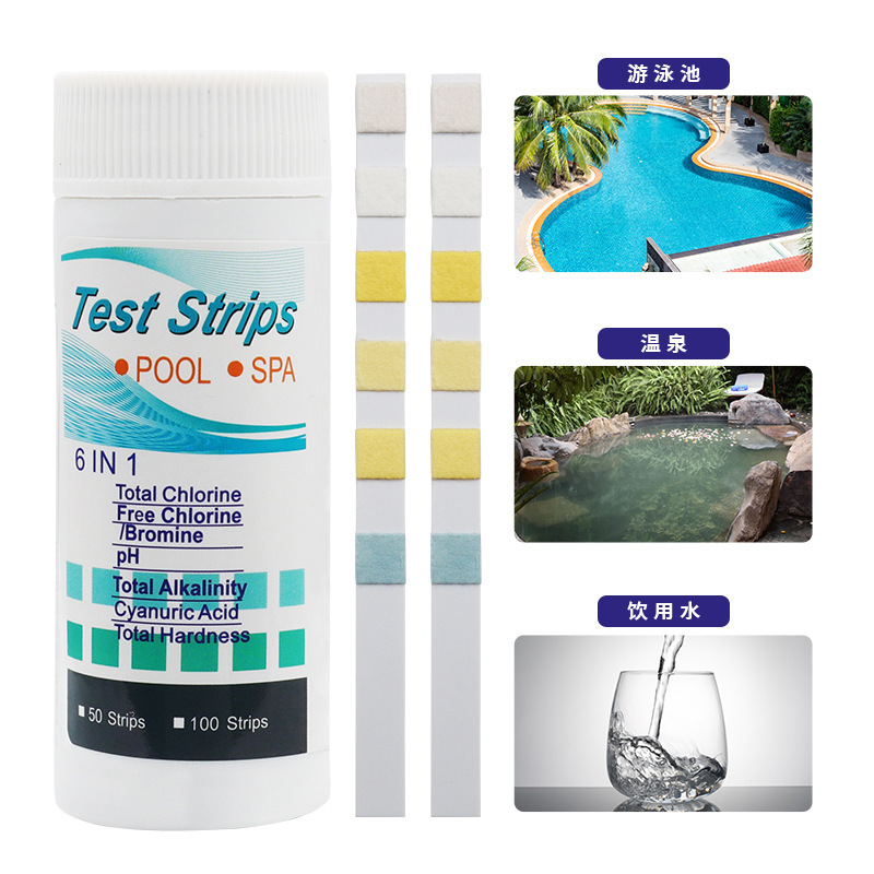 Swimming Pool Test Paper 6-in-1 Residual Chlorine Ph Value Alkalinity Hardness Test Strips Water Quality Test Paper 50 Test Strips