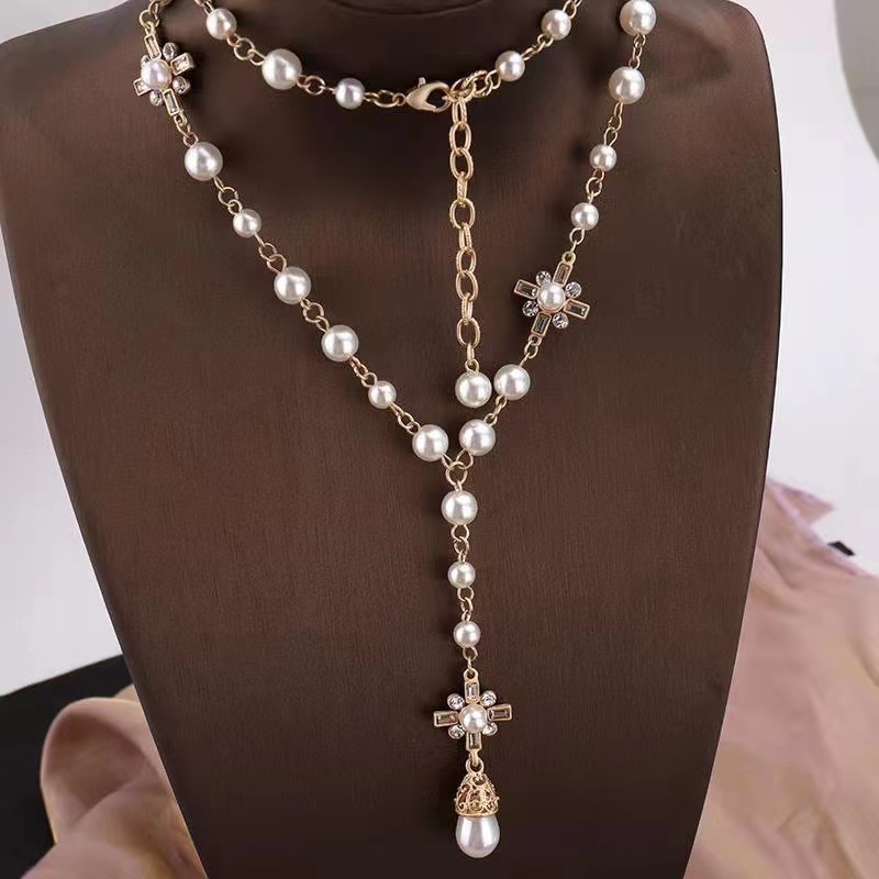 Cross-Border Fashion Korean Style French Pearl Necklace Alloy Dripping Oil Double-Sided Flower Inlaid Diamond Retro Long Necklace