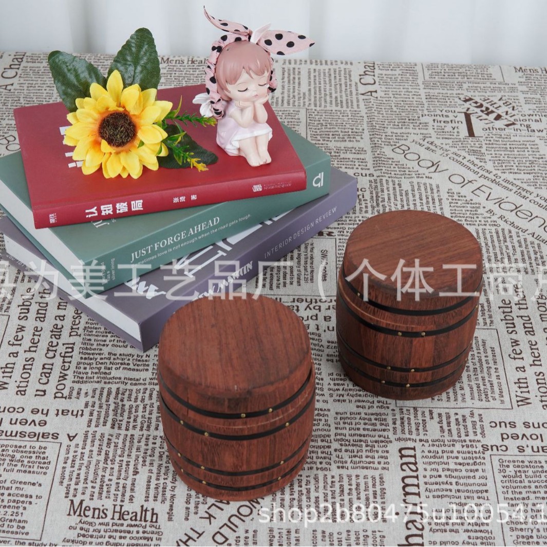 Vintage Wooden Coffee Bean Wooden Barrel Household Kitchen Wooden Seasoning Storage Barrel Portable Tea Packaging Barrel