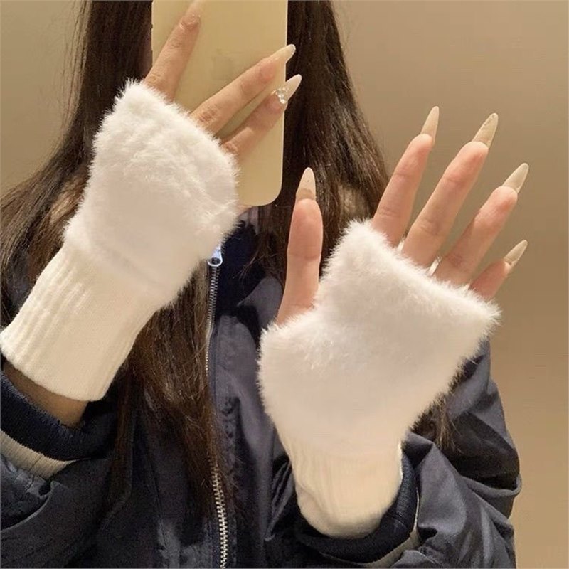 New Ins Style Half-Finger Plush Gloves, High-Looking Princess Warm Autumn and Winter Hand Socks, Touch Screen for Students in Class