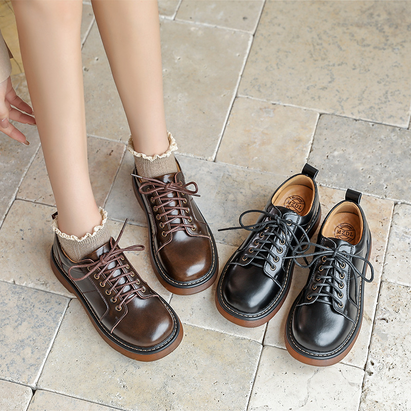 2023 New British Genuine Leather Brown Shoes Women's College-style Retro Dress Lace-up Shoes