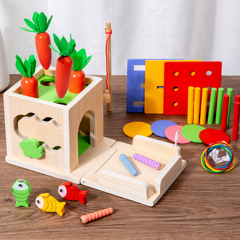Baby Montessori four-in-one multifunctional coin box stick pulling radish fishing Building Blocks matching game wooden toys