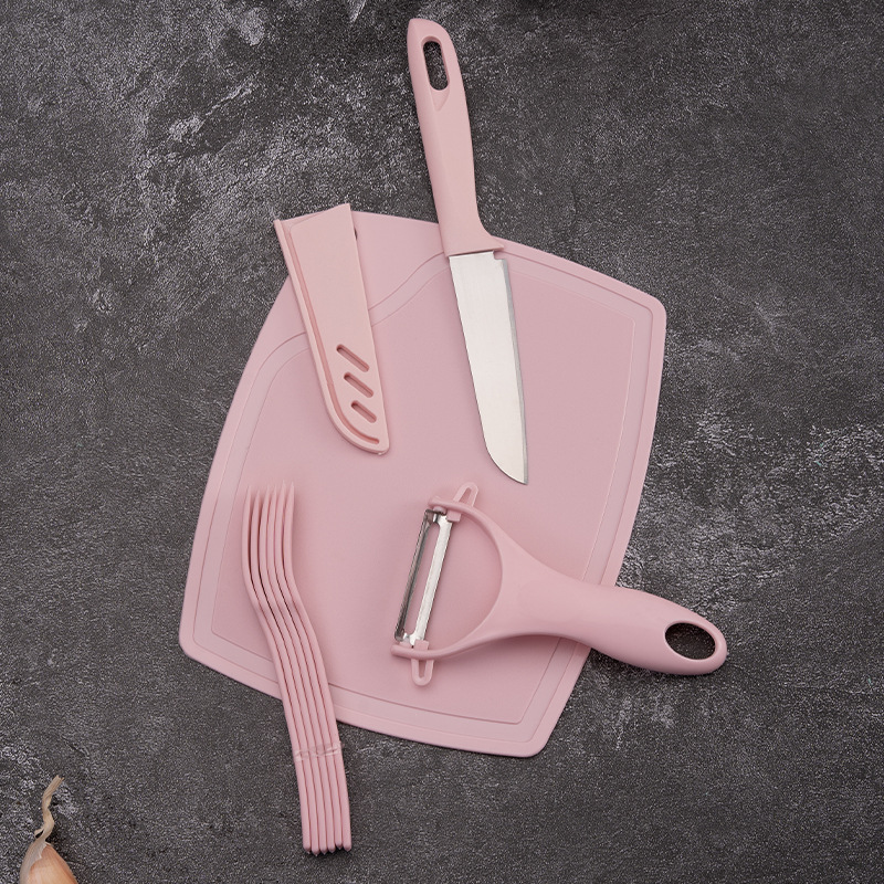 Net red kitchen stainless steel fruit knife baby food supplement suit cutting board knife fork melon planing cross-border wholesale suction card combination