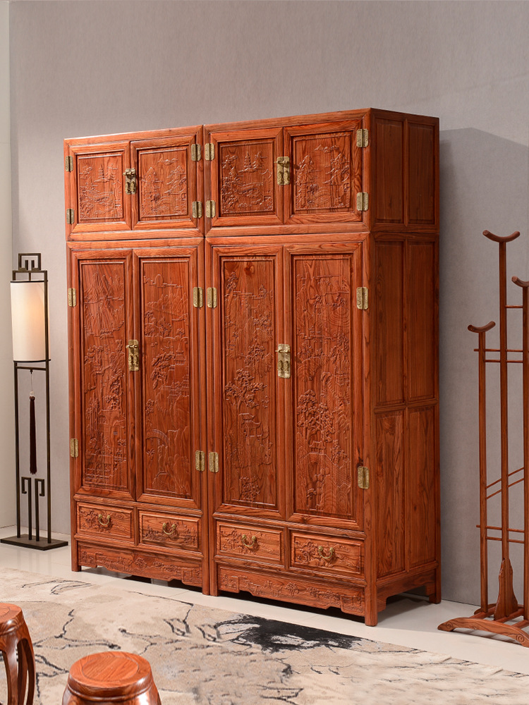 Новый китайский стиль, резной верхний шкаф с 4 или 3 дверями, шкаф для одежды, имитация классического стиля Мин и Цин, шкаф с решеткой из ананасового дерева