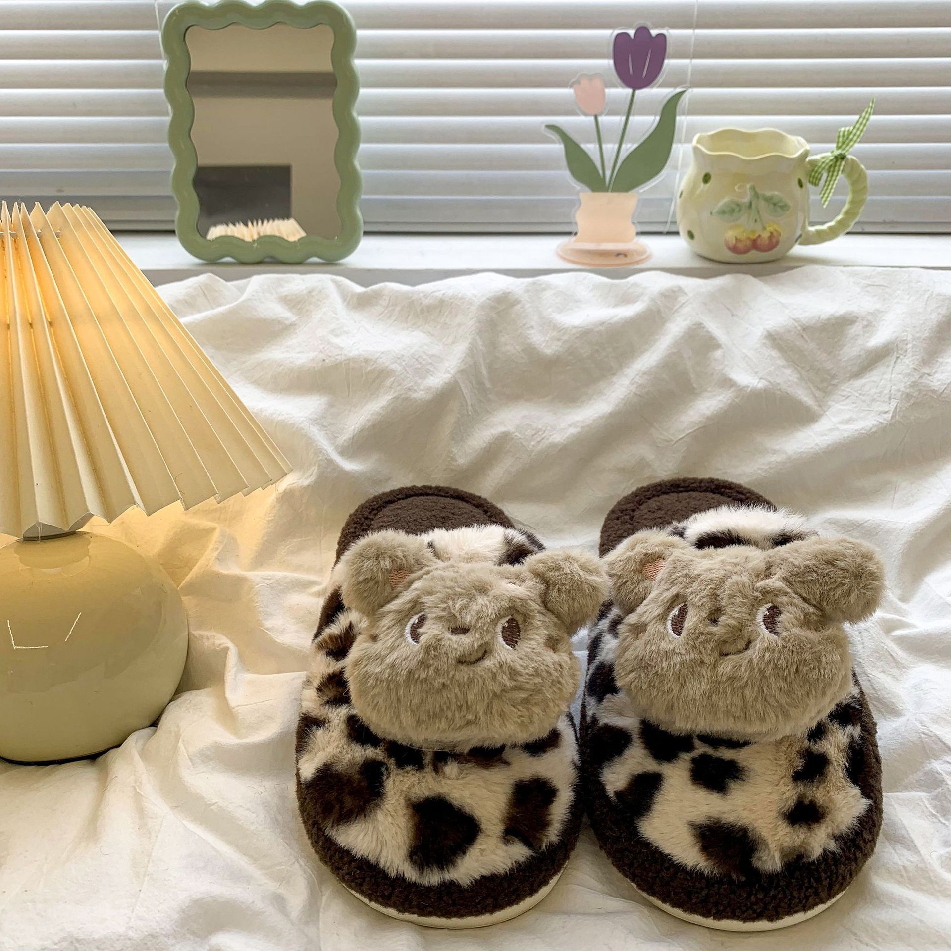 Thick-Soled Cute Versatile Leopard Print Fur Slippers for Women 2024 New Autumn and Winter Outer Wear Non-Slip Soft-Soled Toe-Cap Cotton Slippers