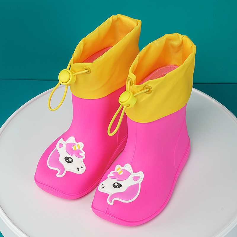 Children's Belted Waterproof Rain Boots Boys and Girls Cute Cartoon PVC Non-Slip Comfortable Mid-Tube Water Shoes Fleece Rain Boots