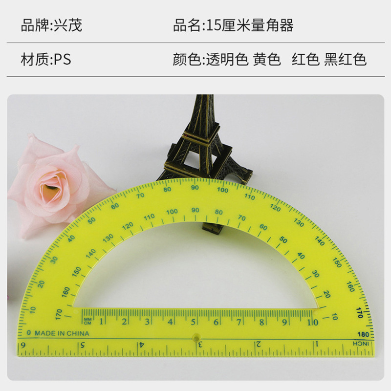 Manufacturer Supplies Popular 180-Degree Semicircular Plastic Transparent Colorful Angle Measuring Ruler Drawing Stationery 15cm Protractor