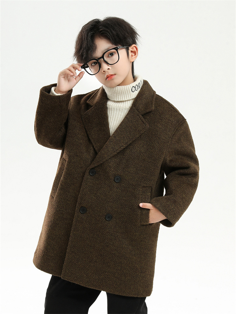 High-Quality Boys' Woolen Coat Trench Coat 2025 Autumn New Style Children's Fashionable Woolen Jacket for Older Kids