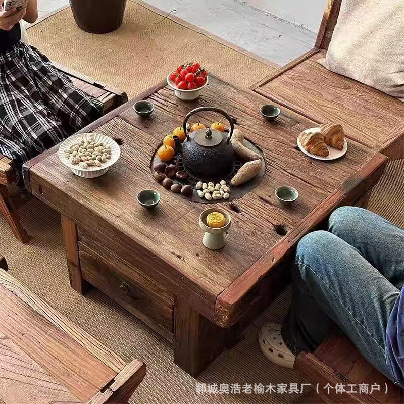 Old Elm Wood Tea Table, Outdoor Hot Pot Table, Balcony Barbecue Coffee Table, Solid Wood Courtyard Dining Table, Coffee Table