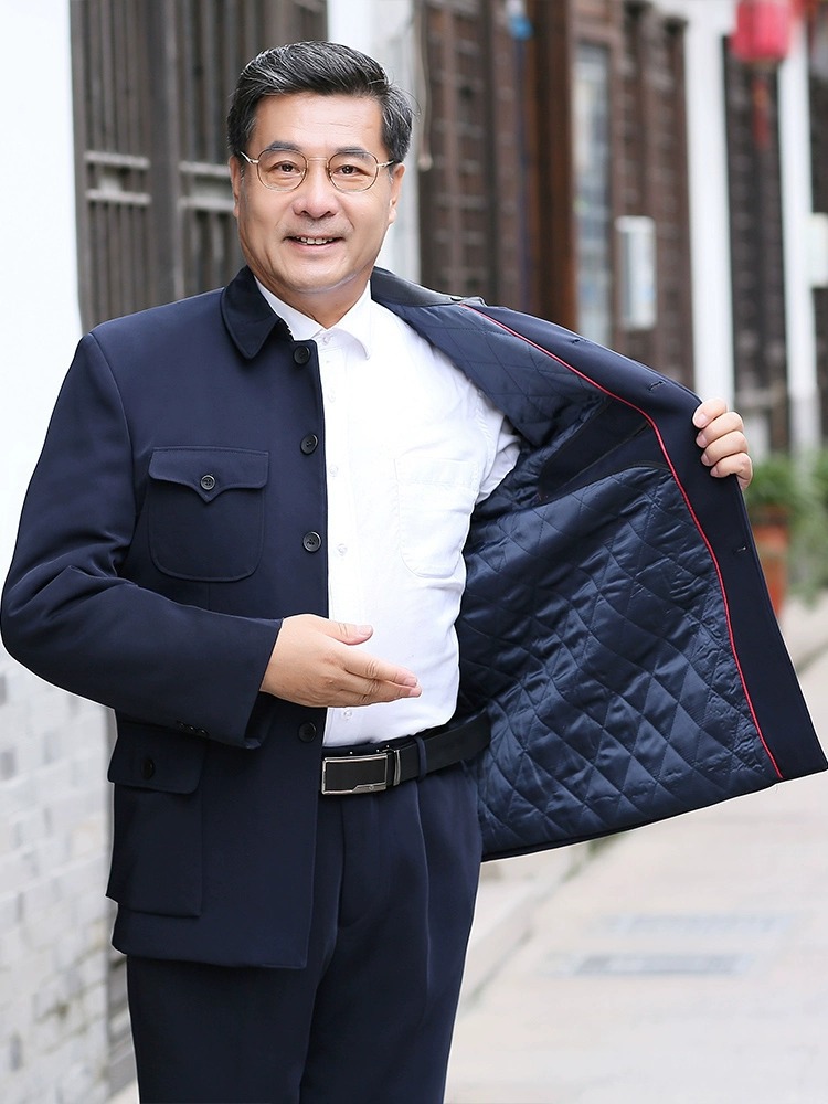 Men's Zhongshan Suit Jacket Set Dad's Zhongshan Suit Elderly Clothing Ethnic Attire Autumn and Winter Fleece-Lined Cotton Men's Clothing