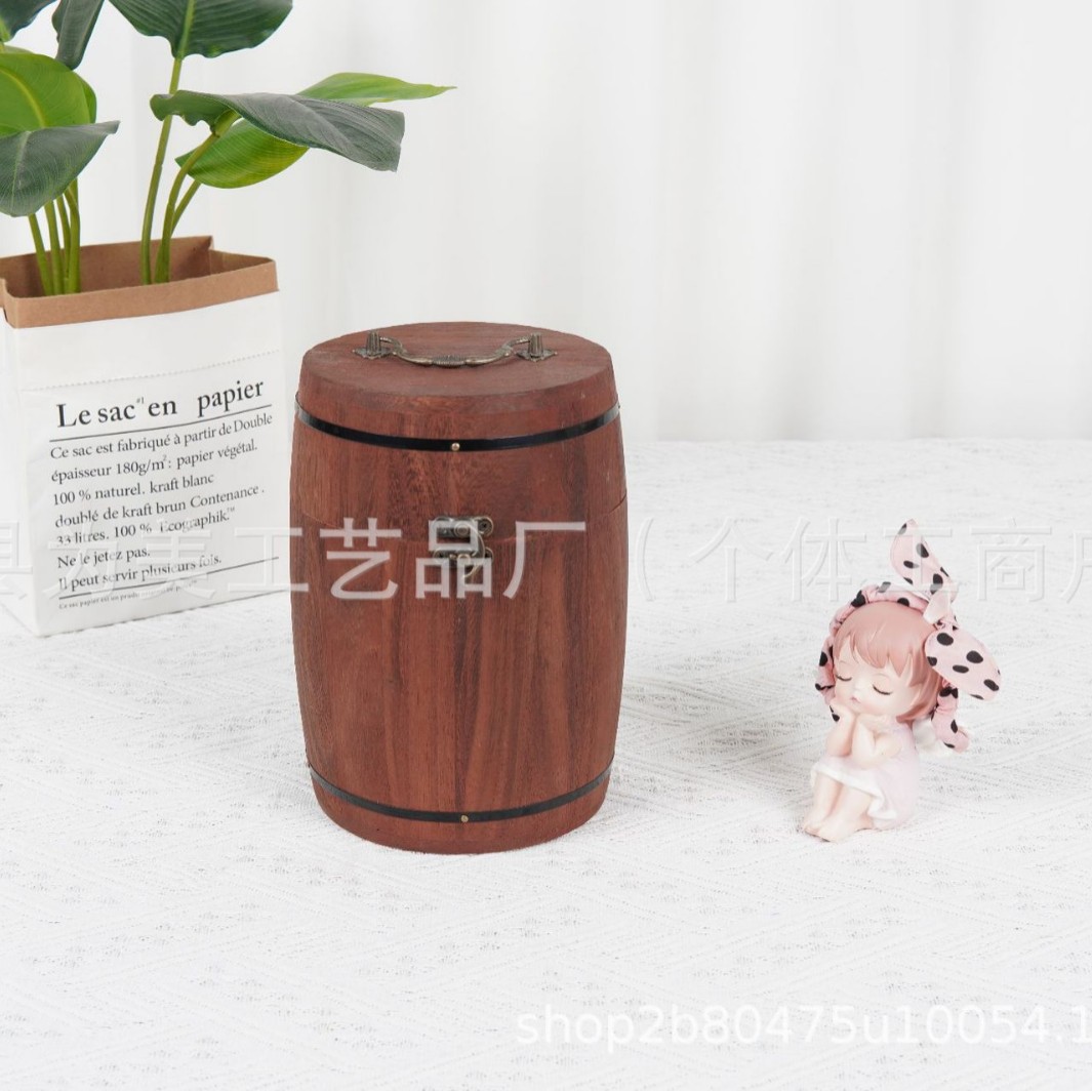 Wooden Tea Barrel with Handle Pu'Er Tea Storage Barrel with Lock Solid Wood Tea Packaging Wooden Barrel Ready for Sale