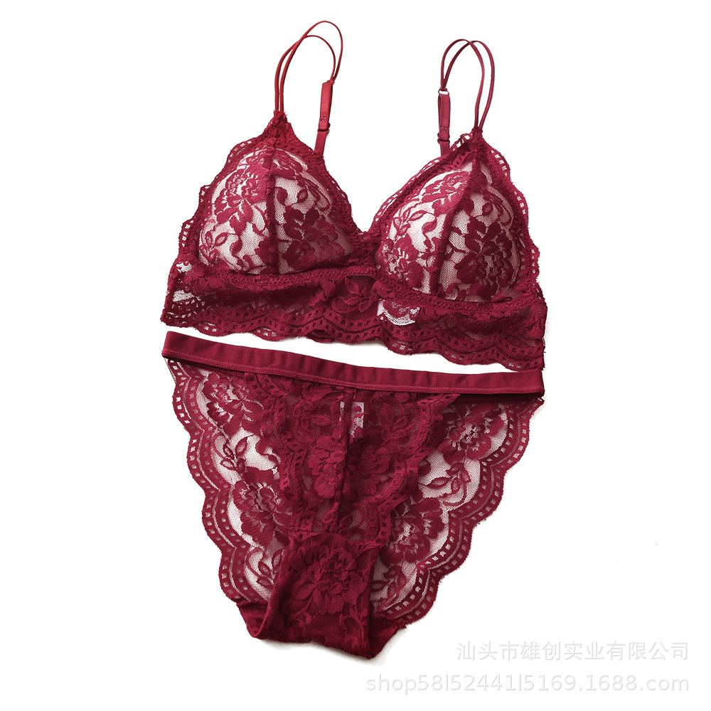 French Style Triangle Cup Bra Set Female Sexy Beautiful Back Hollow Lace Non-rimmed Underwear Panties Two-piece Set