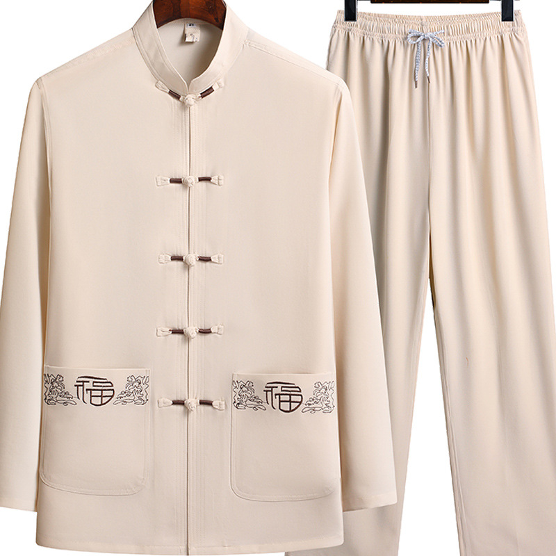Middle-Aged and Elderly Long-Sleeved Tang Suit 2024 Summer Chinese Style Shirt Dad Suit Button Embroider Han Dynasty Retro