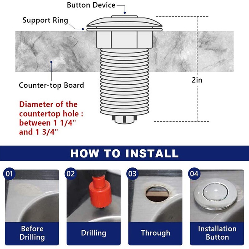 Food Waste Disposer Air Switch Stainless Steel Button Pneumatic Switch Massage Bathtub Start Switch