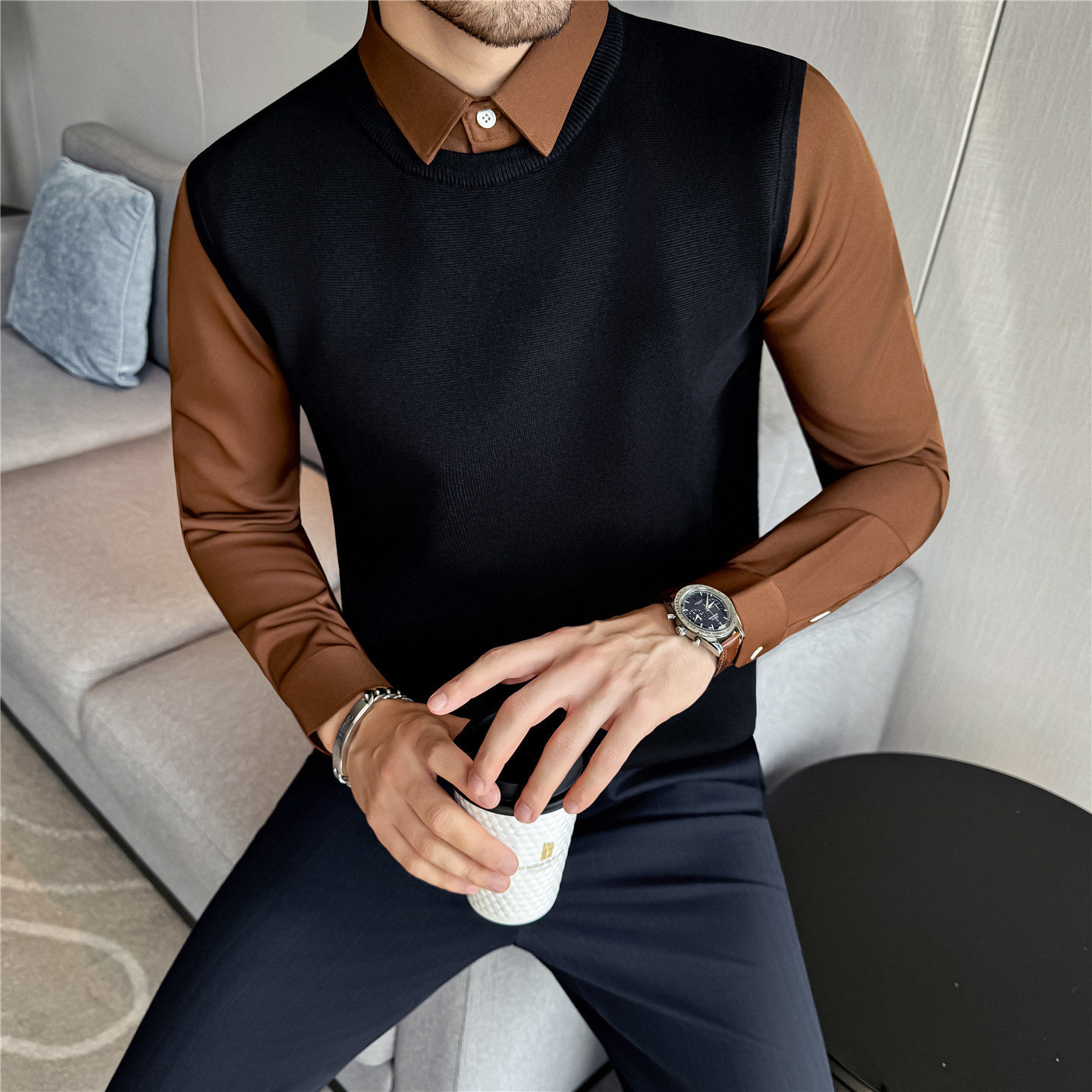 Осенний и зимний теплый трикотаж с фальшивкой в два предмета, анти-пилинг, высококачественная рубашка, бизнес-кэжуал