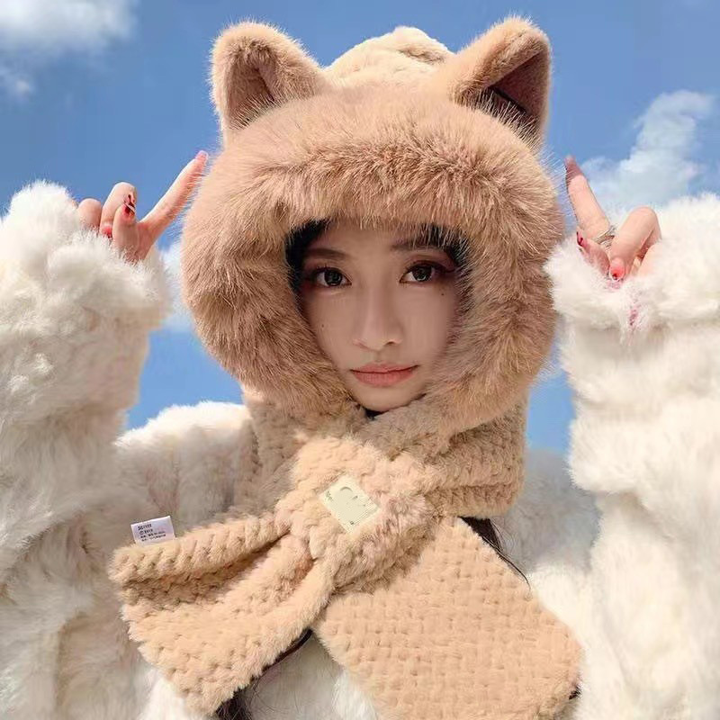 Hat Women's Autumn and Winter Cute Fox Ear Hat Scarf Two-Piece Set Stuffed Hat Cycling Warm Ear Protection Hat