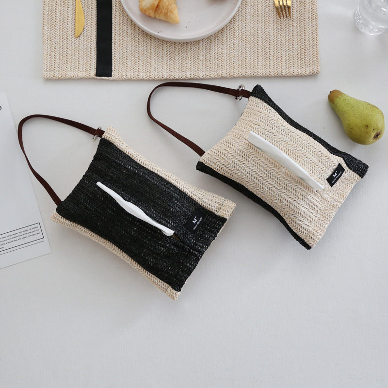 Beautiful Element Woven Desktop Tissue Box ins Simple Household Paper Box Multi-functional Car Hanging Tissue Bag