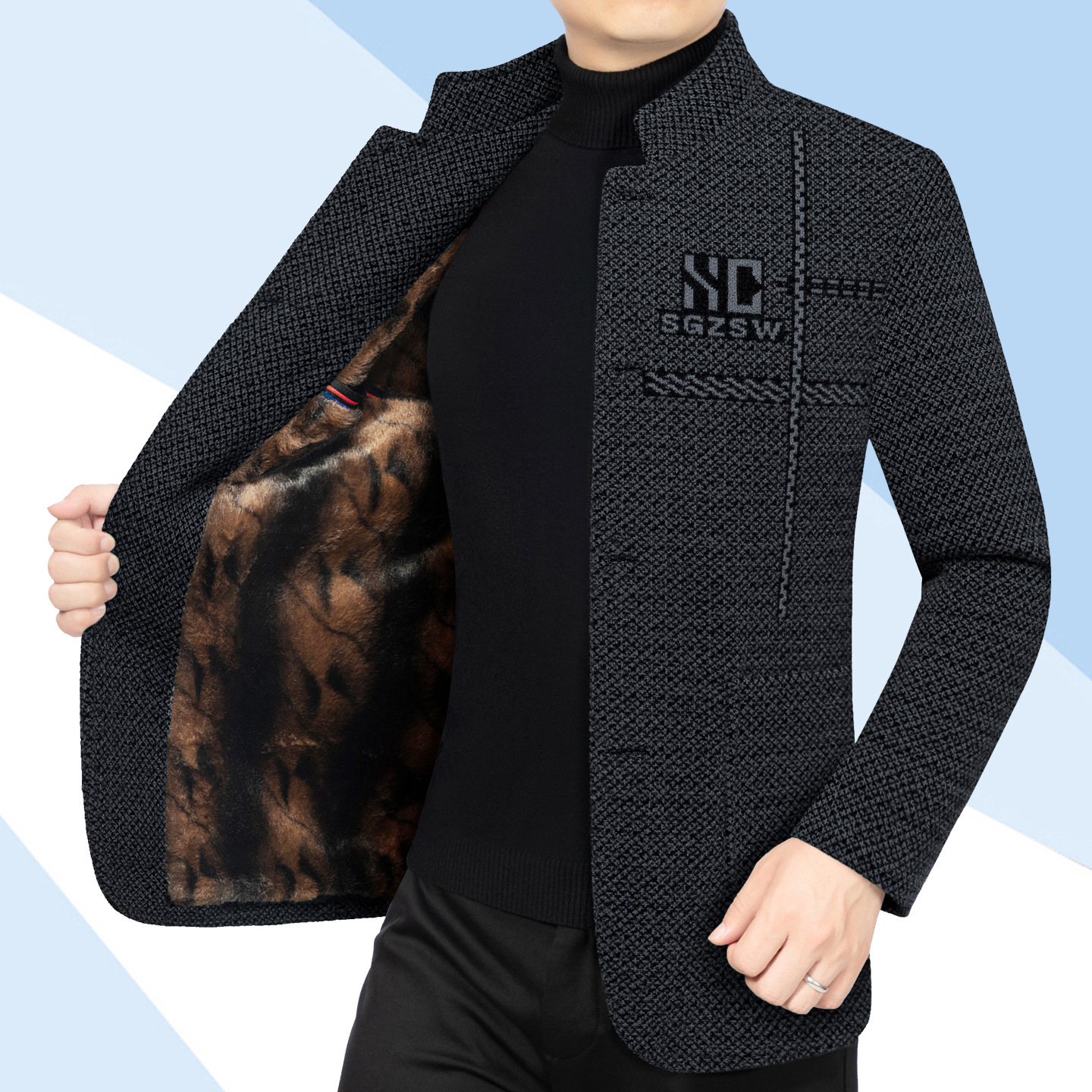 Thickened and Plush Men's Outwear Autumn and Winter Stand-Up Collar High-End Middle-Aged Jacket Dad Casual Men's Tops