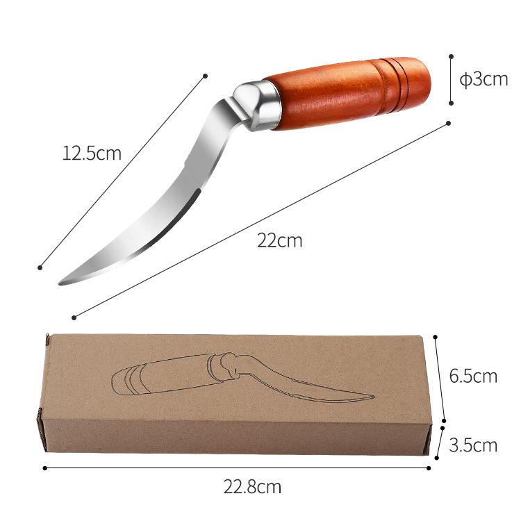Factory Direct Supply Stainless Steel Coconut Meat Scooper Curved Blade Coconut Meat Separator with Pointed Wooden Handle Coconut Tool