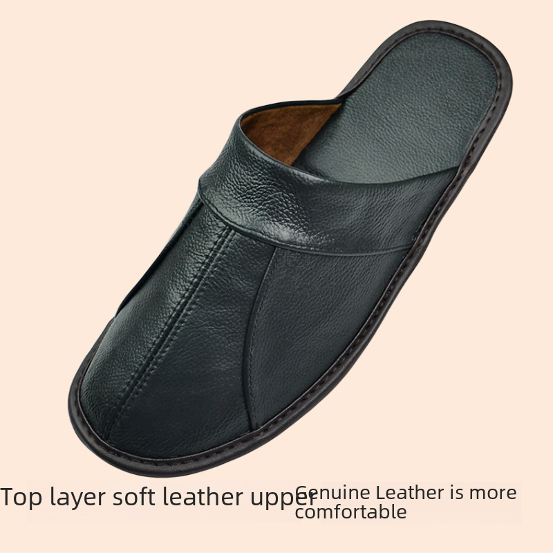 First-Layer Cowhide Toe-Toe Genuine Leather Slippers for Spring & Fall Seasons for Men and Women, the Elderly, Home Use, Indoor Non-Slip Beef Tendon