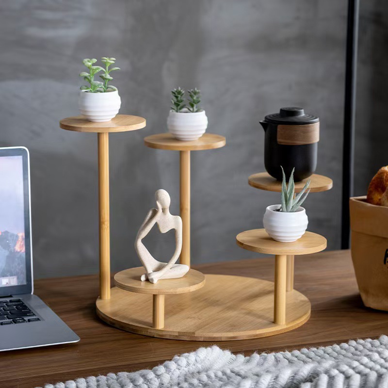 Cross-Border Labeling Balcony Plant Flower Shelf New Floor-Standing Living Room Office Bamboo Flower Pot Storage Rack Dropshipping