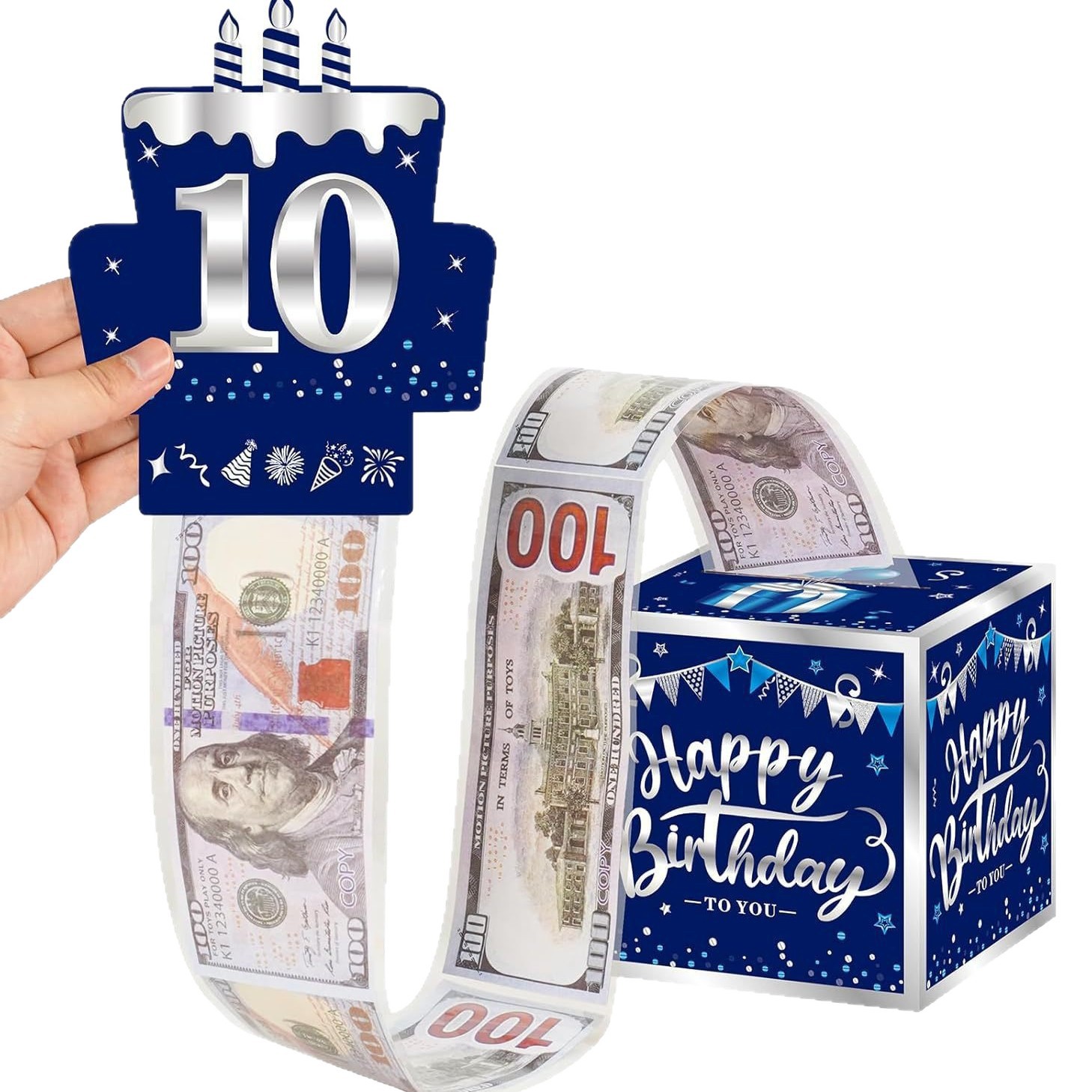 Happy Birthday Money Box with DIY Stickers, Suitable for Any Age Group, Blue Silver Surprise Box