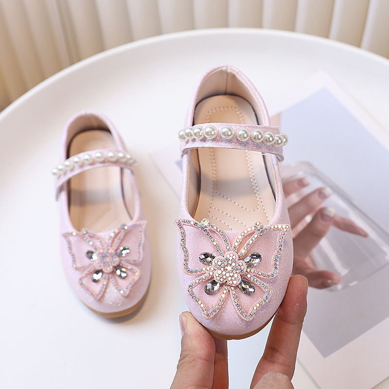 2025 Spring Cross-Border New Bow Pearl Leather Shoes Children's Single Shoes High-Looking Princess Shoes for Women