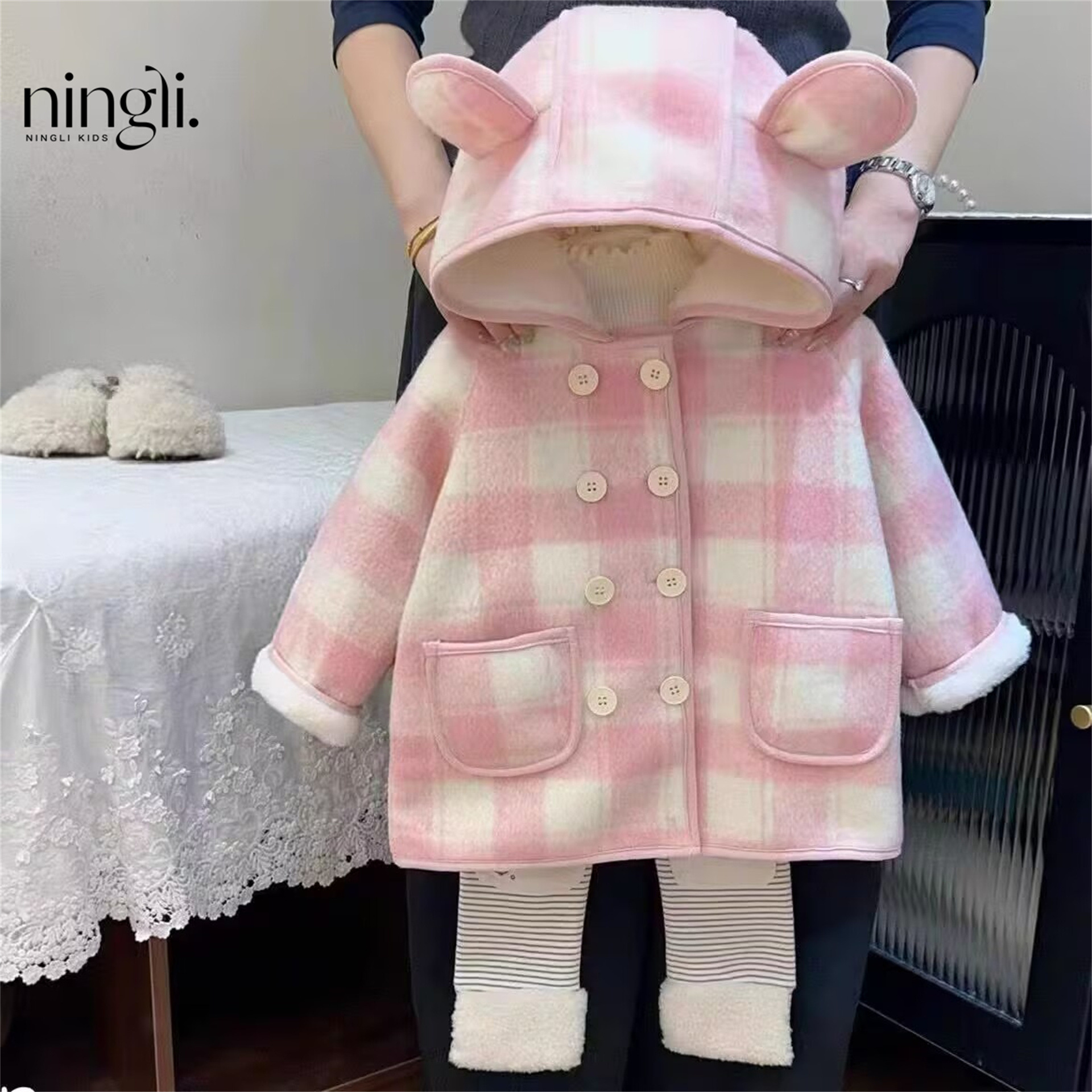 Girls' Wool Coat New Autumn and Winter Stylish Baby Girl Children's Mid-Length Plaid Woolen Coat Cross-Border