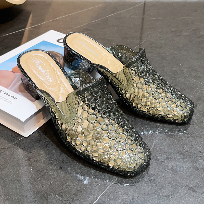 Thick Heel Height Increasing Mom Plastic Crystal Hollow Baotou Sandals Women's Summer Outer Wear Half Slippers Casual Non-Slip Simple