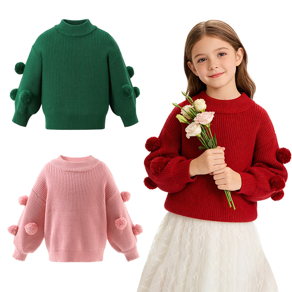 Детская одежда осень-зима для девочек свитер с круглым вырезом и длинным рукавом с помпоном универсальный стиль принцессы