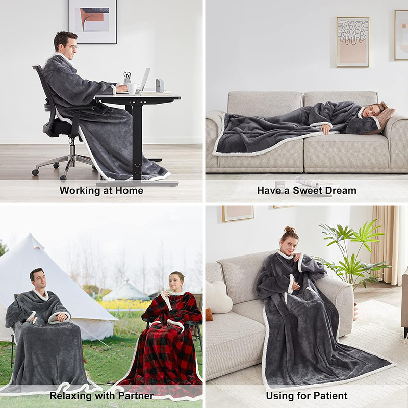 TV Blanket Oversized Thickened Wearable Lazy TV Blanket Warm Cold-proof Clothes Hooded Flannel Lambskin Sleeping Blanket