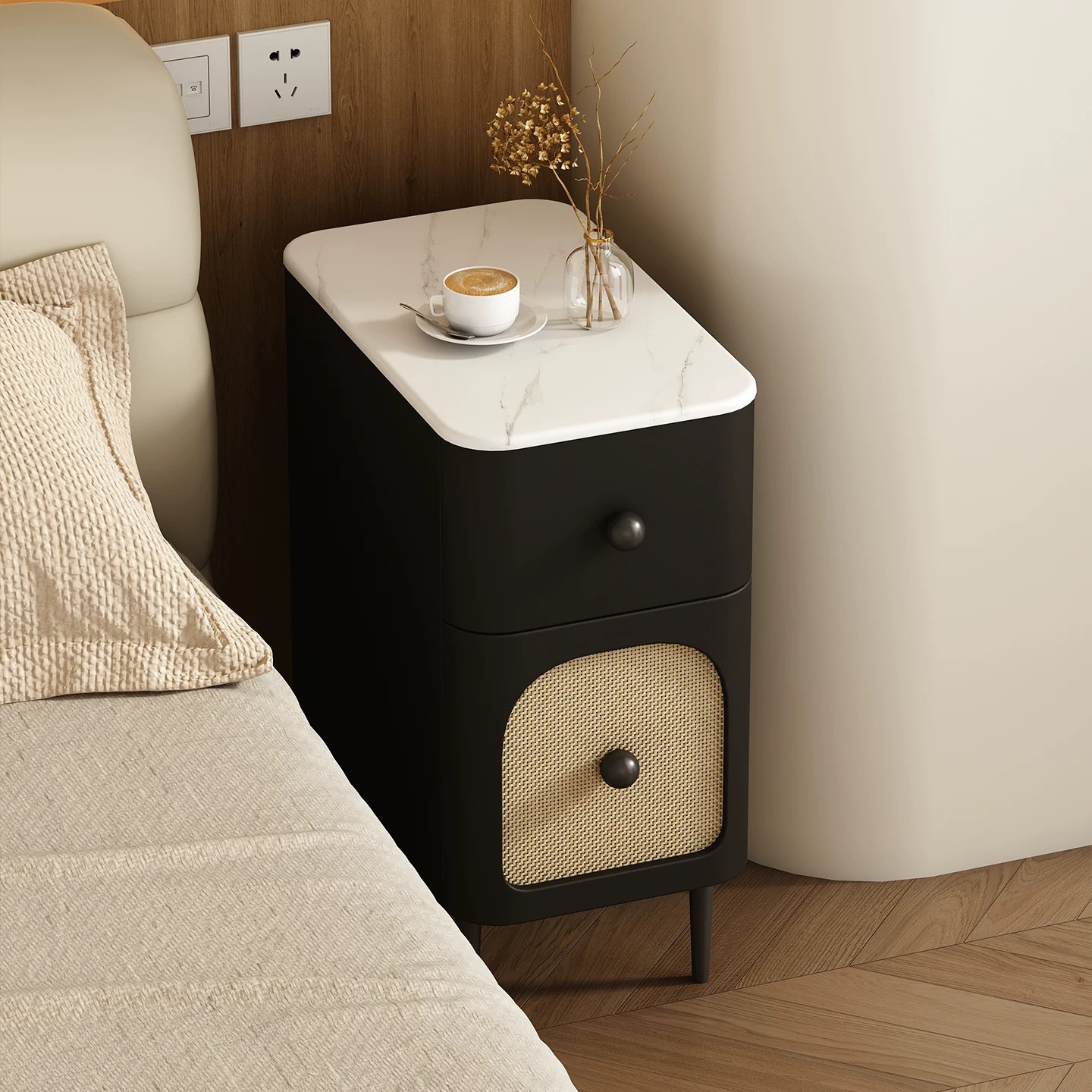 Solid Wood Bedside Table Bedroom Mini Small Mid-Century Style Narrow Side Cabinet with Light Wireless Charging Ultra-Narrow Cabinet Storage Cabinet