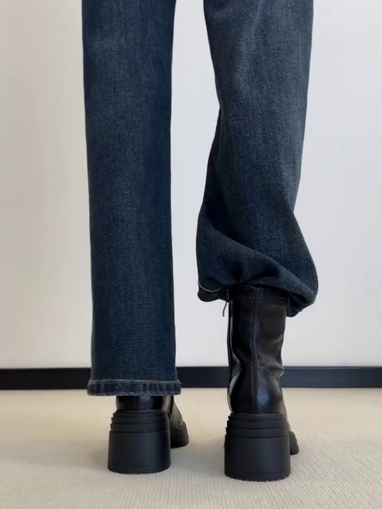 Sheepskin Version ~ Fashionable and Versatile Slimming Look Genuine Leather Thick High-Heeled Boots for Women British Style Retro Side Zipper Slim Boots