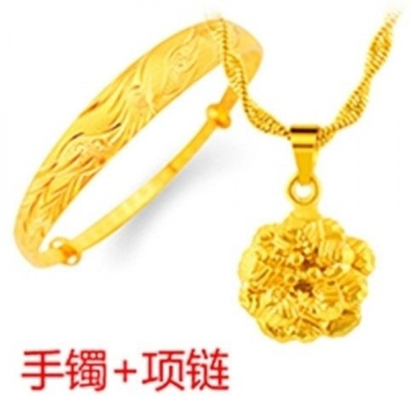 Authentic [New Gold-Plated Five-Piece Set] Sand Gold Women's Necklace Ring Earrings Bracelet Couple Jewelry Langhongguang