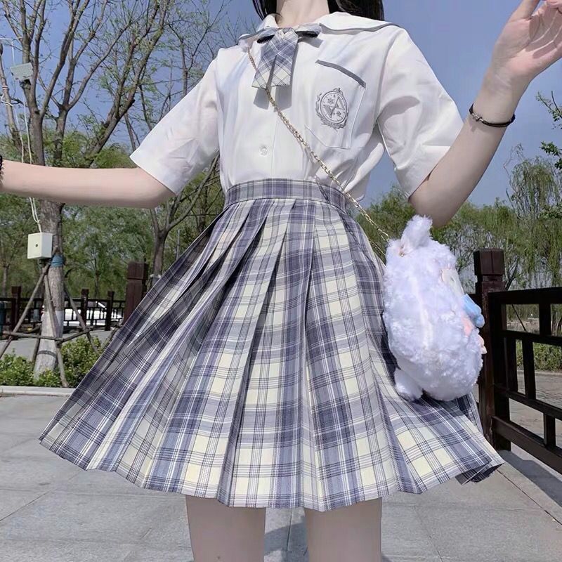 Japanese jk Plaid Skirt Junior jk Uniform Spring and Summer Full Embroidered Shirt Gentle One-Knife Sailor Dress Pleated Skirt