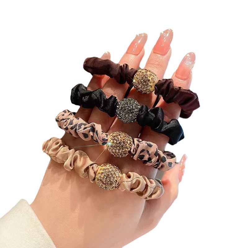 European and American Cross-Border Hair Ties, Internet Celebrity Large Intestine Rings, Leopard Print Headbands, Rhinestone High Elastic Hair Ties Wholesale