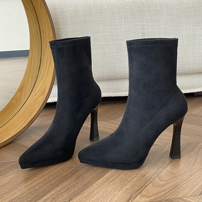 Black Elastic Slim Socks Boots 2026 New Waterproof Platform Mid-Tube Stiletto Pointed Toe Slim High-Heeled Short Boots for Women