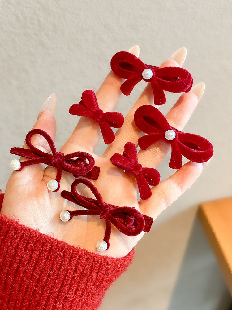 Children's Autumn and Winter Flocked Bow Hairpin Girls' High-End New Year's Headdress Little Girl's Side Bangs Hairpin