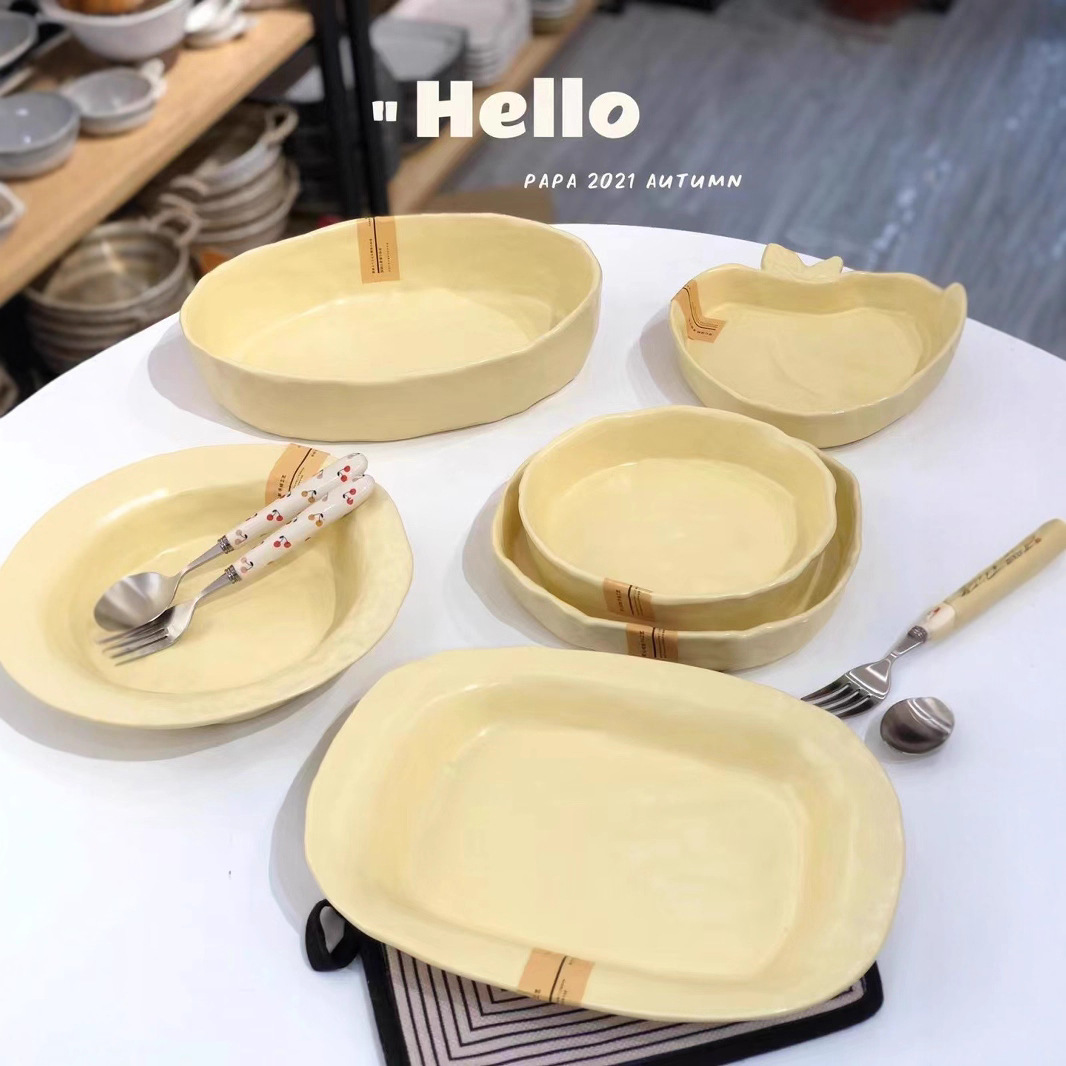 Hand Kneading Series Milk Yellow Style Household Ceramic Soup Dish Plate Peach Heart Plate Simple ins Style Salad Bowl Fruit Bowl