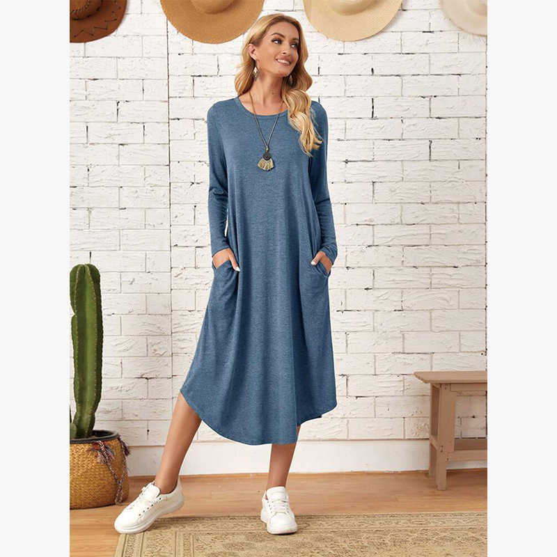 2022 New Autumn and Winter European and American Clothing Pure Color Knitted Side Seam Straight Flap Pocket Pants Curved Hem Loose Dress
