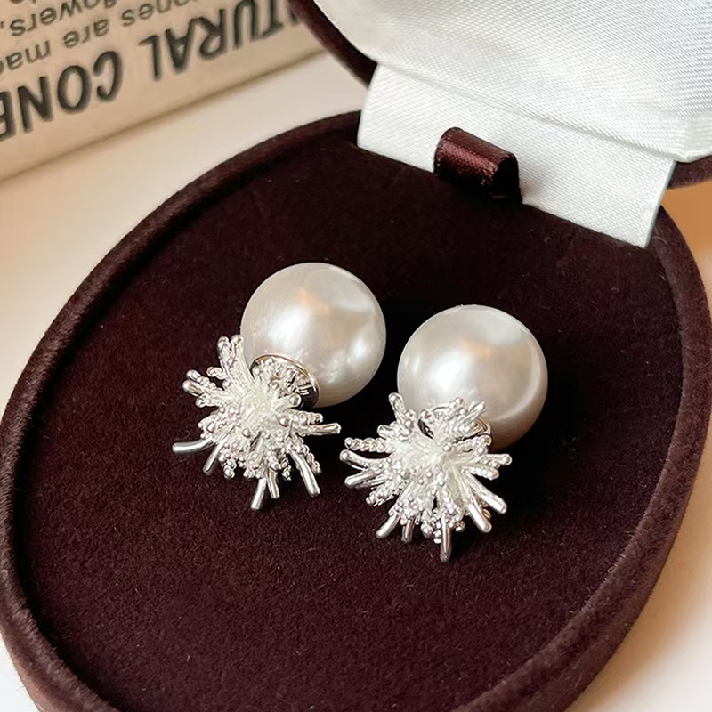 2025 New Popular Style Front and Rear Silver Fireworks Pearl Earrings High-End Accessible Luxury Earrings Elegant Earrings