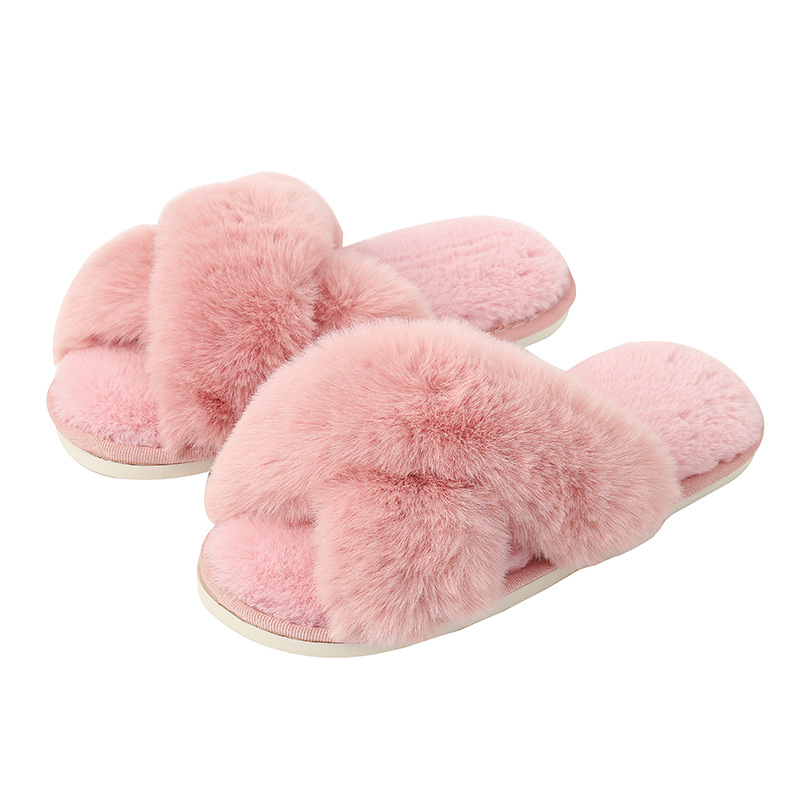 Amazon Slippers Winter Plush Cross-Strap Cotton Indoor Warm Plus Large Fur Slippers Women's High and Low Imitation Rabbit Fur