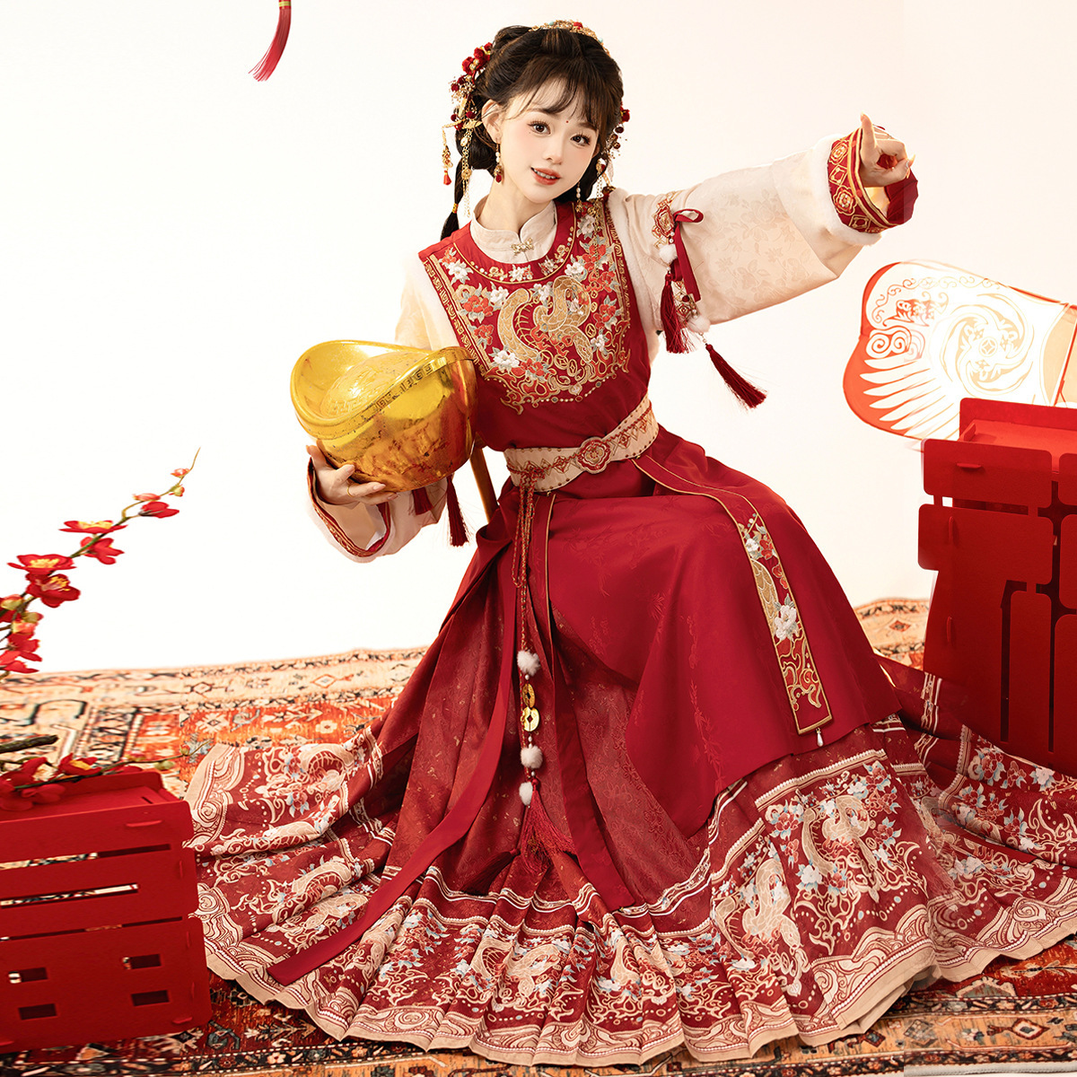 Yi Meng Ge оригинальная одежда Хианга змеи Хэ Жуй женский китайский стиль поясной печати круглый воротник халат подкладка юбка с лошадиной мордой комплект 9439